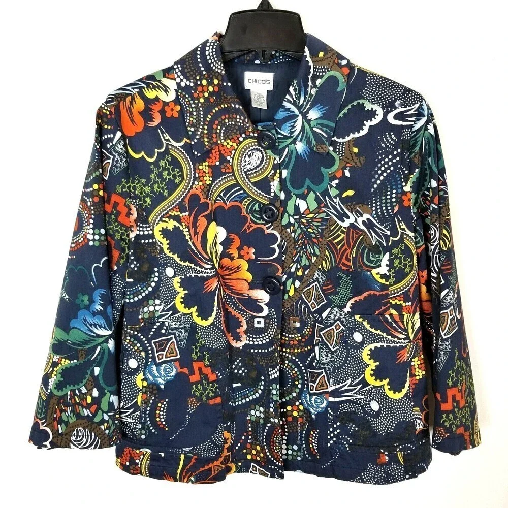 Chico's Women Flofal Print Jacket Button Front Lined Cotton blend 1 US‎ M